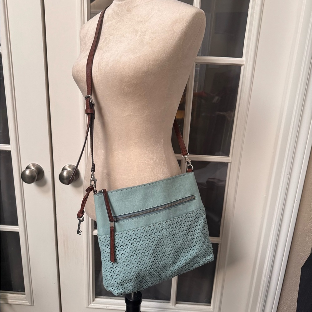 Fossil Cowhide Leather Crossbody Bag Light Turquoise Perforated Western